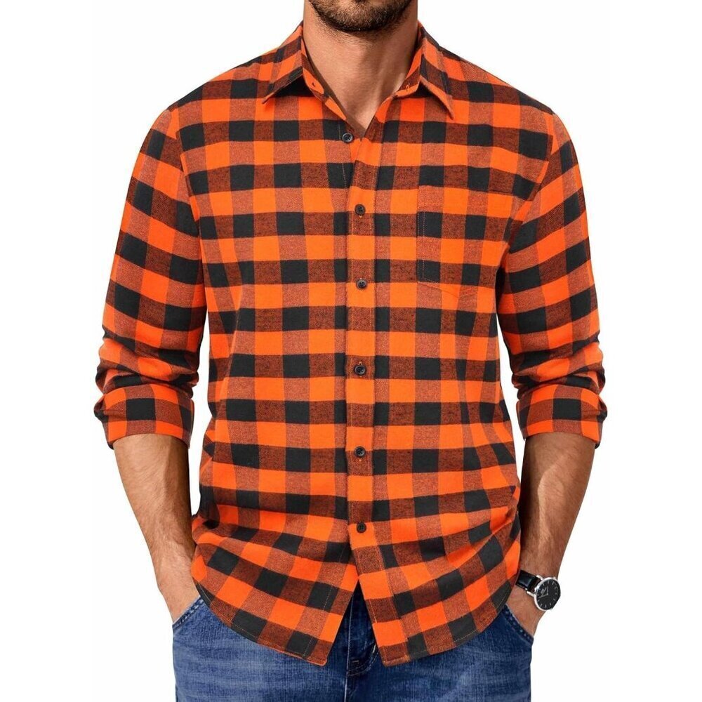 Buffalo Black Orange Men Flannel  Long Sleeve Plaid  Button Up Shirt Jacket